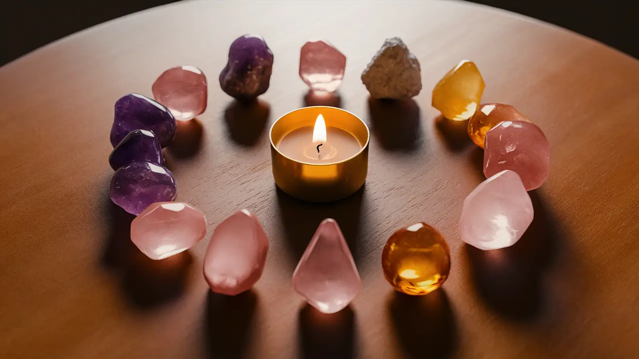 Velas iluminam cristais de ametista, quartzo rosa e citrino em círculo sobre uma mesa de madeira.