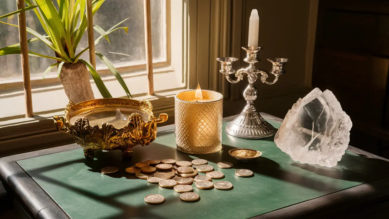 Mesa com moedas de ouro, vela acesa no candelabro de prata e cristal de quartzo, iluminada por luz solar suave.