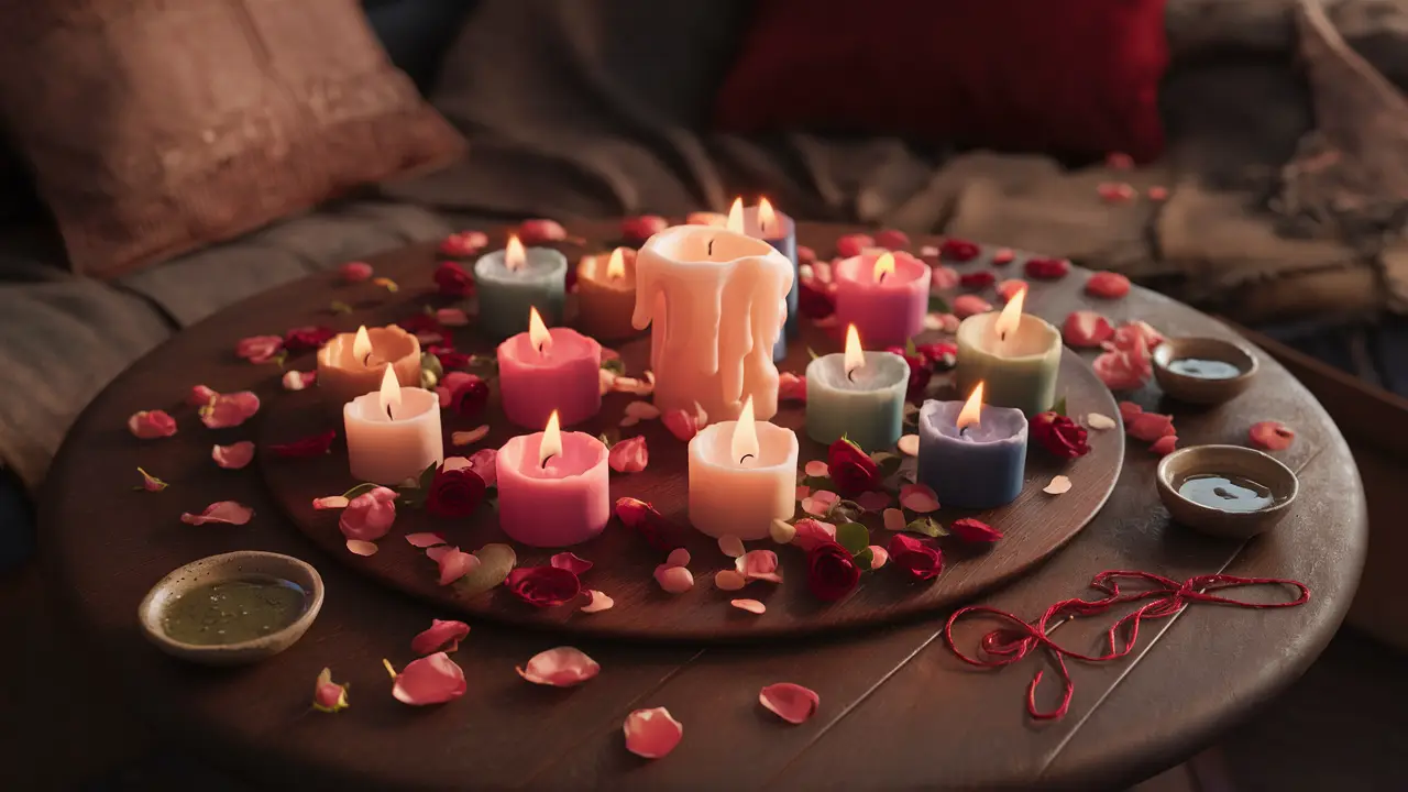 Mesa com velas acesas, pétalas de rosa, tigela de água e fio vermelho em sala aconchegante e pouco iluminada.