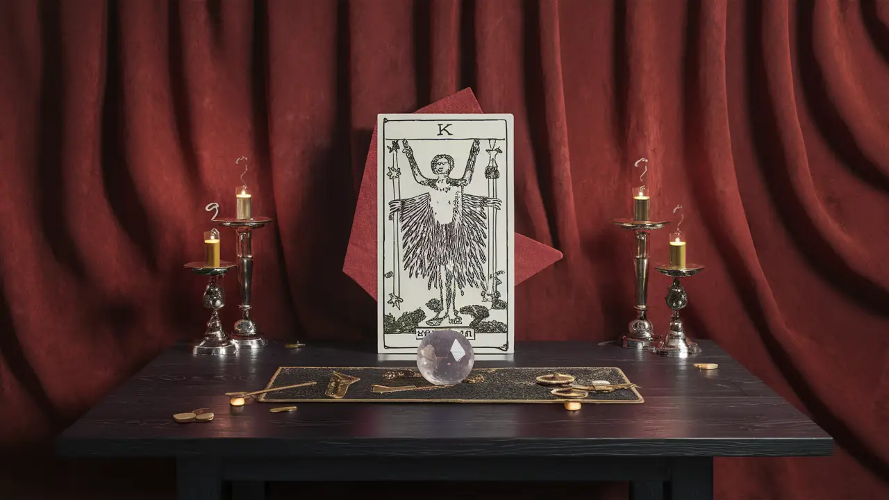 Mesa com baralho de tarot, bola de cristal central e velas acesas, parede ao fundo coberta com tecido roxo profundo.