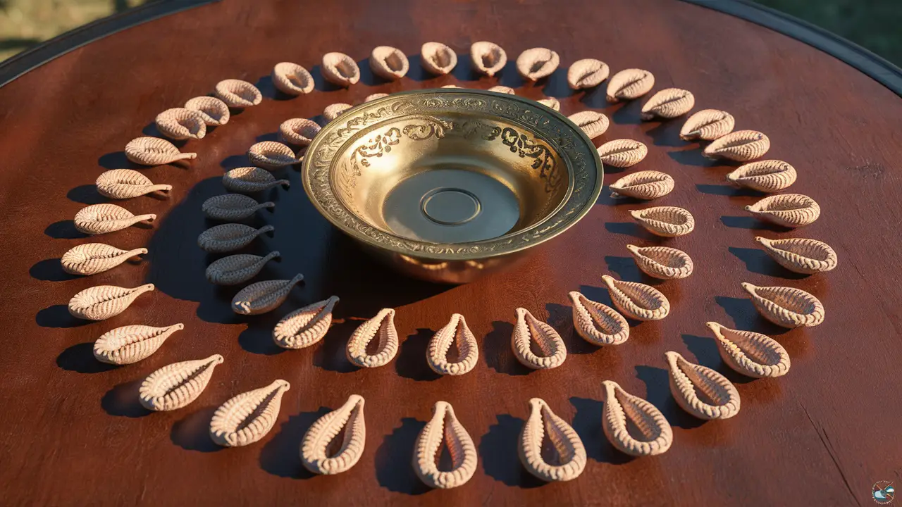 Conchas de búzios esculpidas em círculo ao redor de uma tigela de latão sobre mesa de madeira.