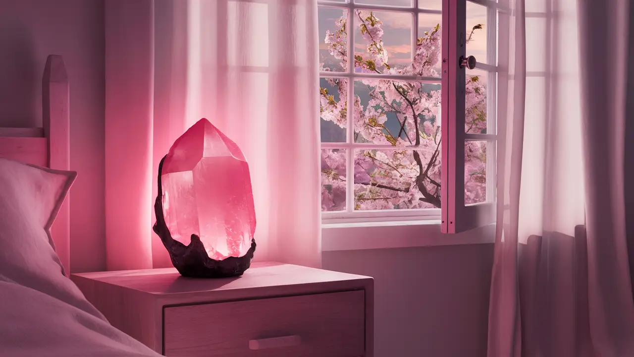 Cristal de quartzo rosa em mesa de cabeceira, iluminando suavemente um quarto com cortinas brancas e cerejeiras ao fundo.