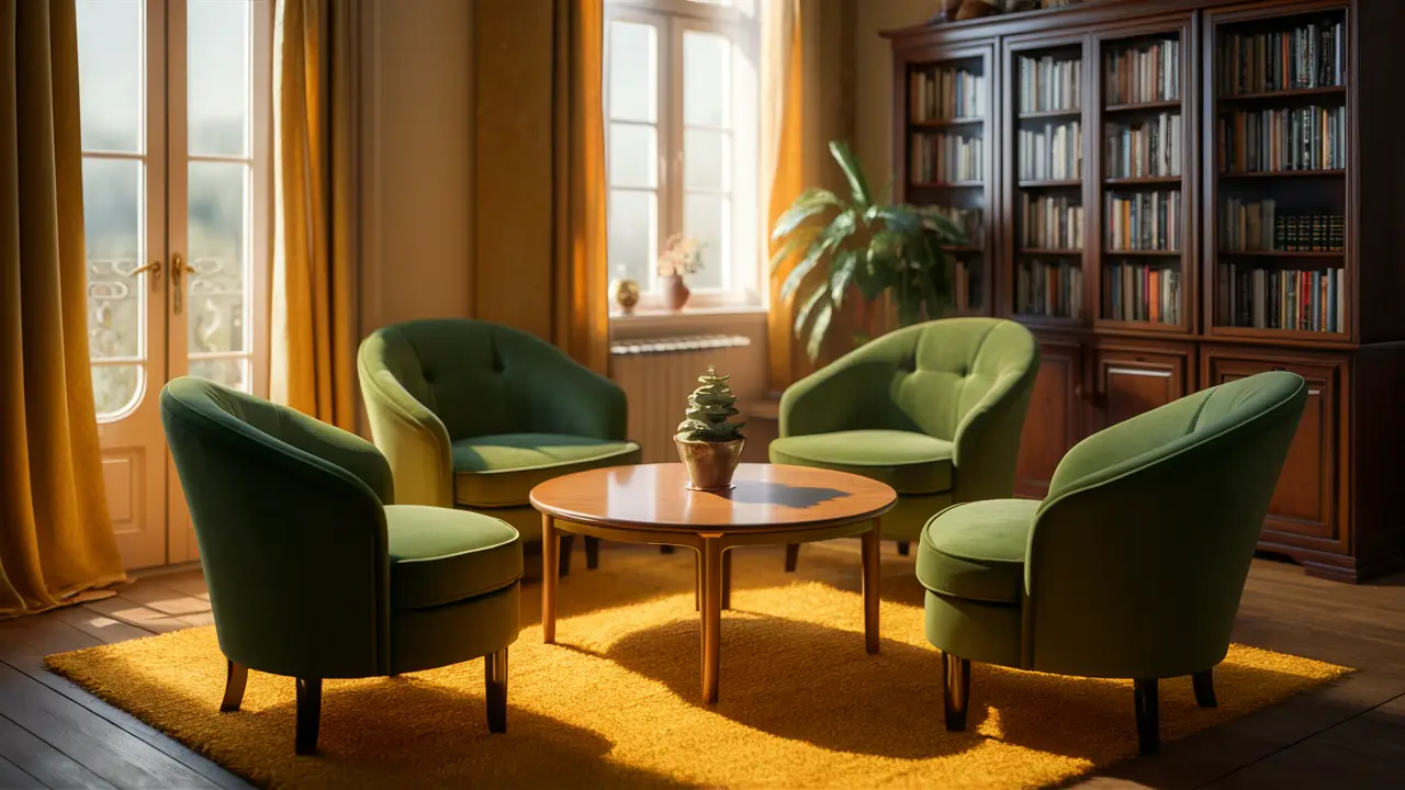 Sala de estar com mesa de madeira, cadeiras de veludo verde, cortinas douradas e planta de jade sob luz solar suave.