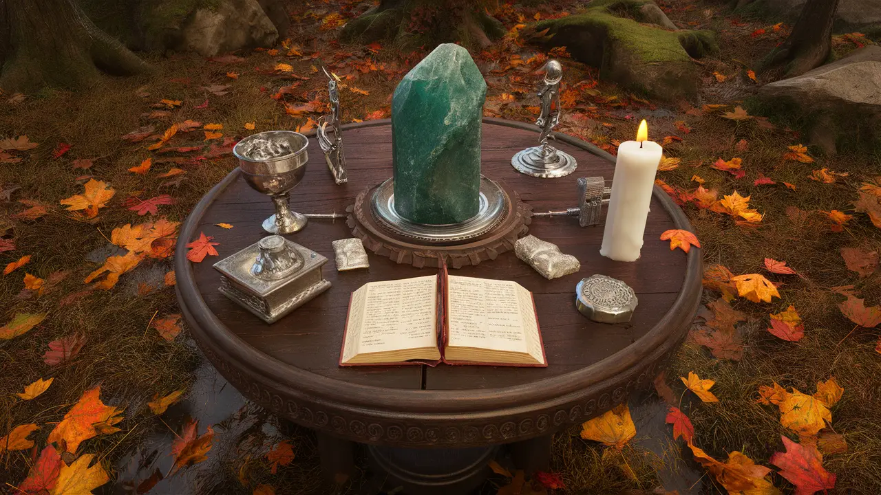 Mesa de altar circular de madeira na floresta com cristal verde, cálice de prata, vela acesa e livro aberto, rodeada por folhas de outono.