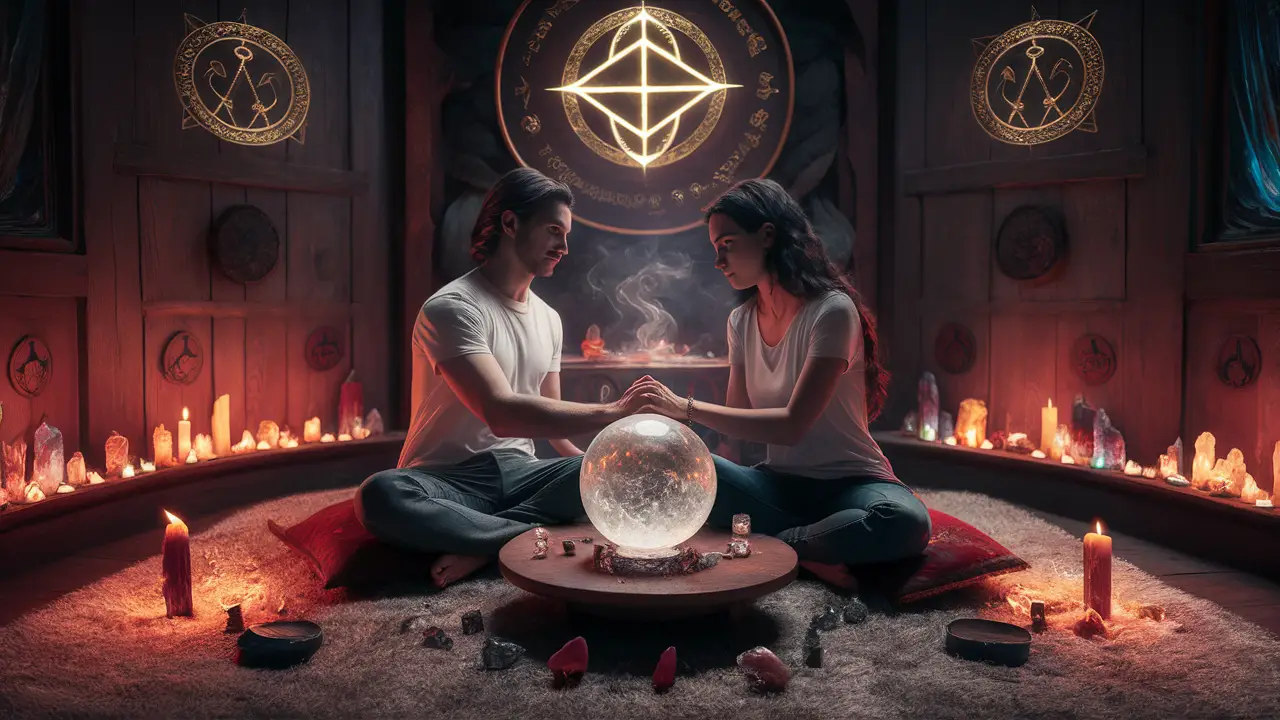 Casal meditando com bola de cristal em sala iluminada por velas e símbolos místicos.