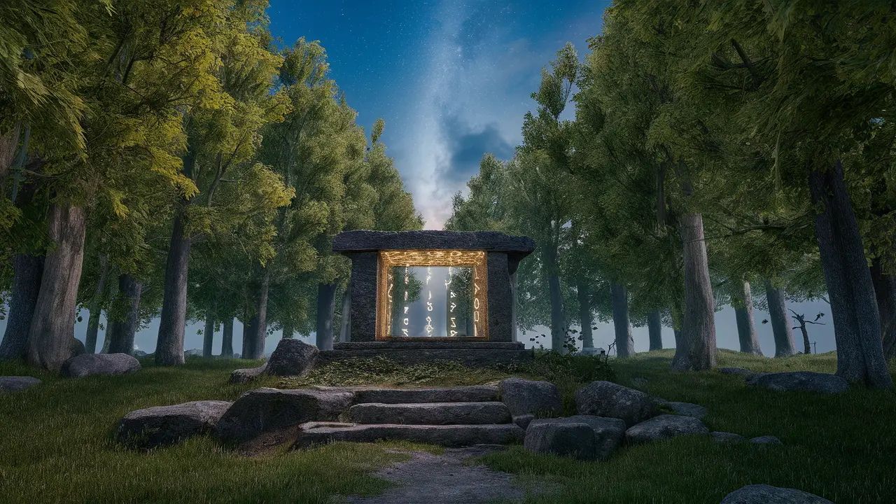 Clareira na floresta com altar de pedra antiga e runas brilhantes, cercada por árvores altas e céu estrelado.