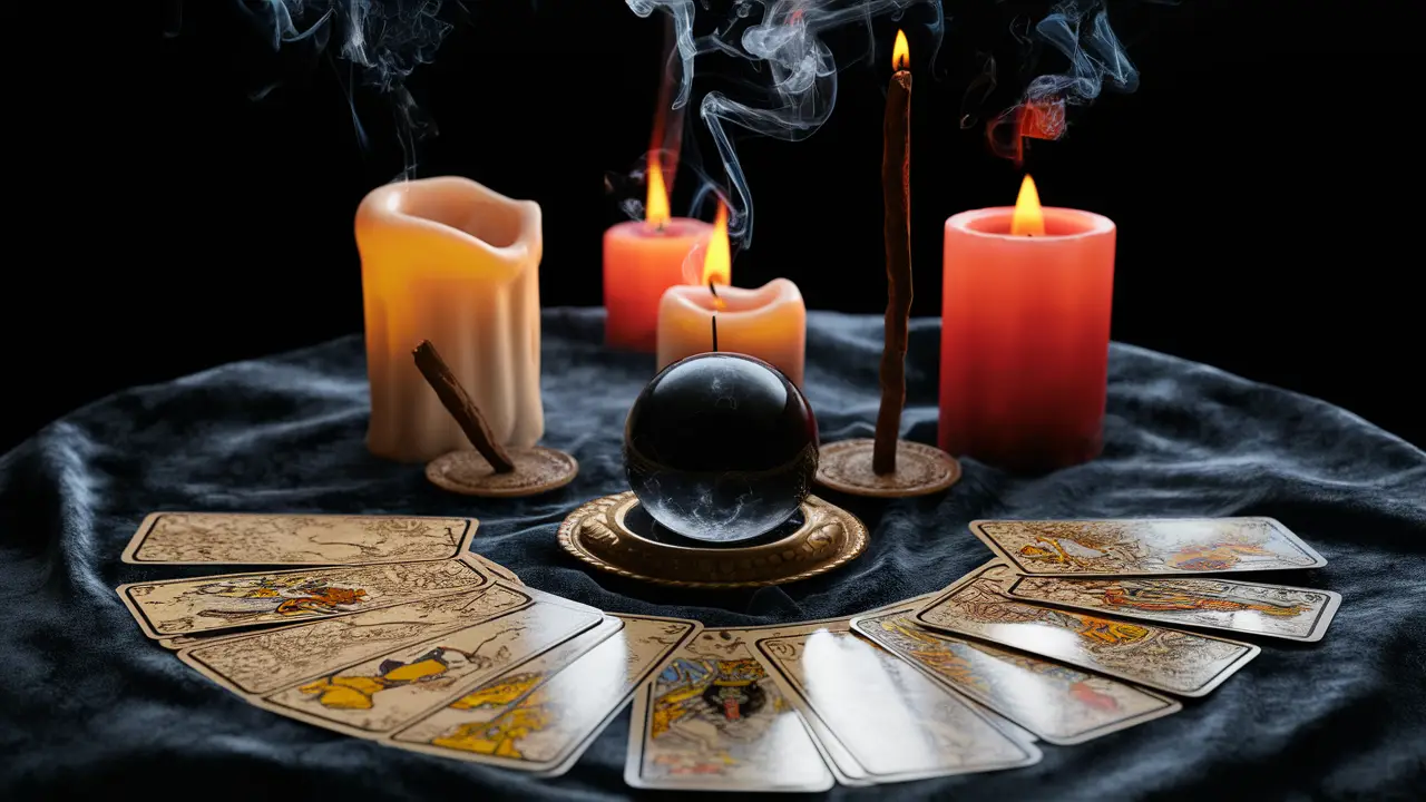 Mesa com cartas de tarô, bola de cristal, incenso e velas coloridas sobre tecido de veludo escuro.