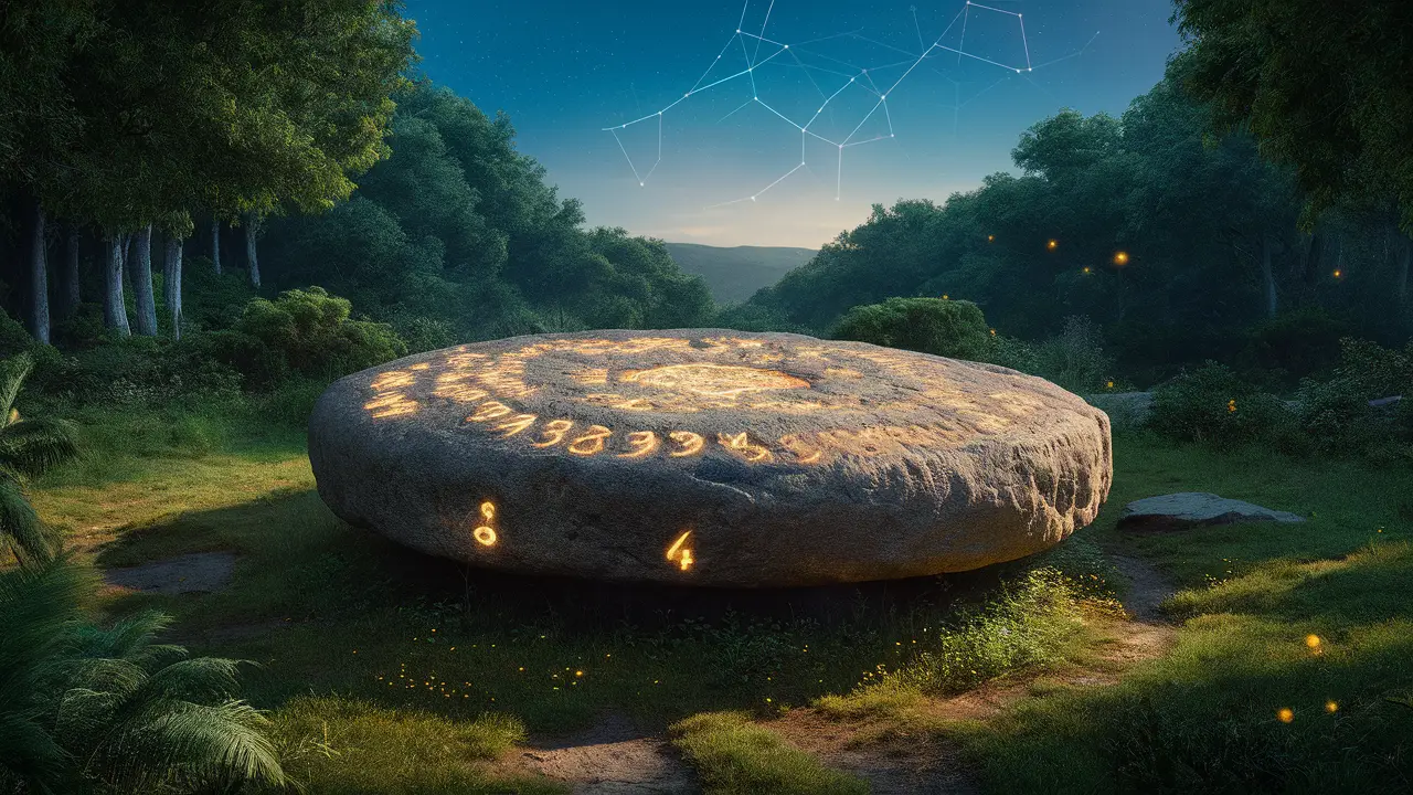 Mesa de pedra antiga com números brilhantes em uma clareira de floresta, circundada por orbes luminosos e céu estrelado.