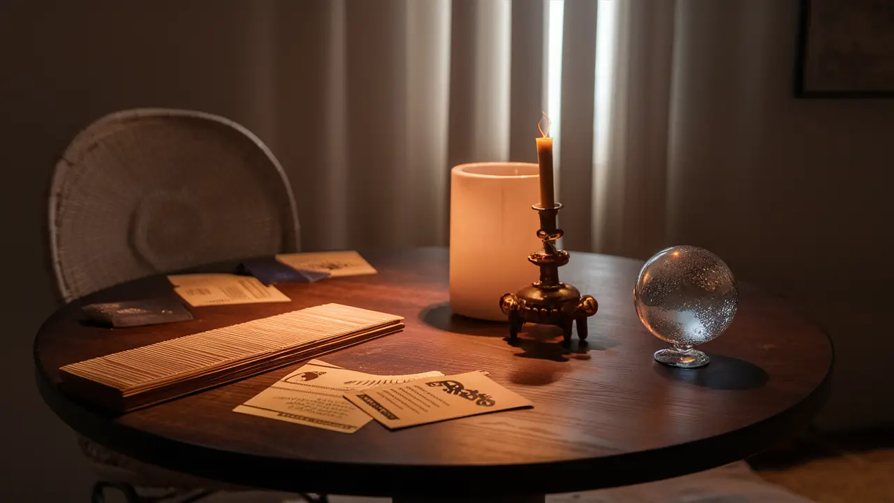 Mesa redonda com cartas de tarô, globo de vidro e vela acesa em luz suave.