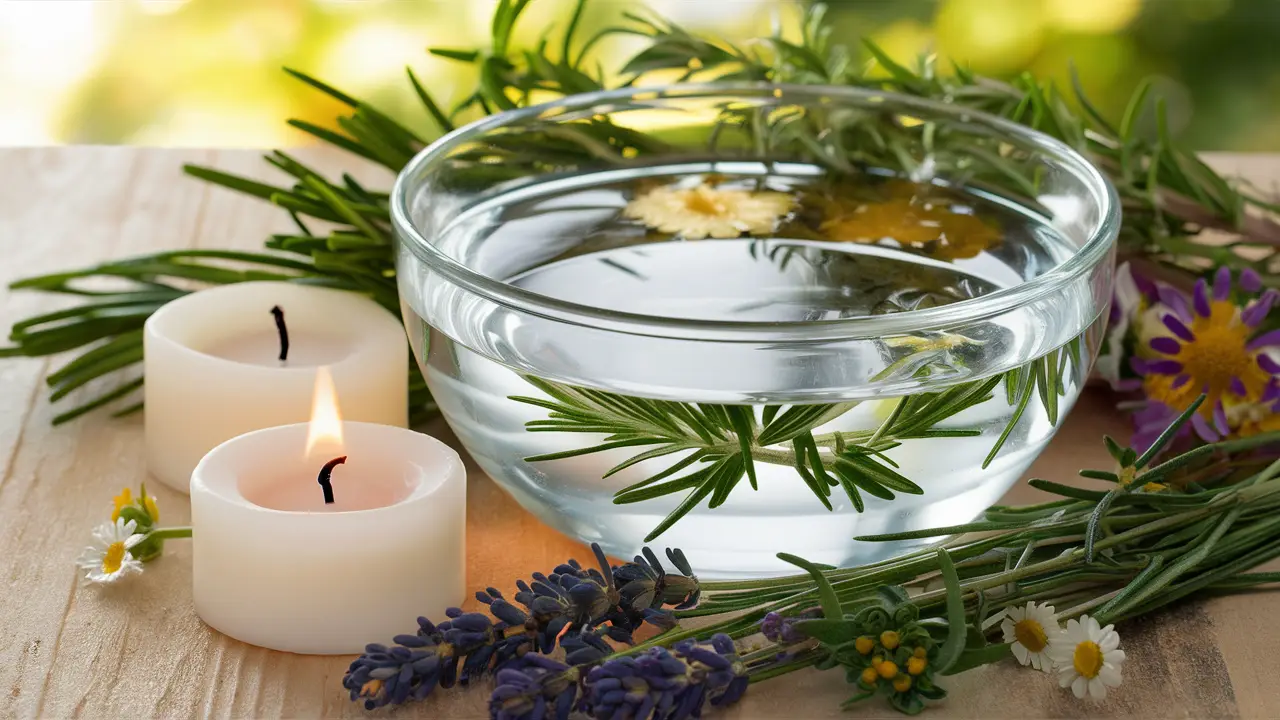 Tigela de vidro com água cercada por ervas como alecrim, lavanda e camomila, com vela acesa ao lado em superfície de madeira.