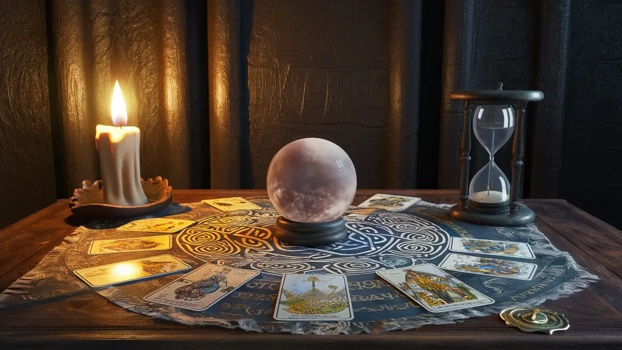 Cena de leitura de tarot com bola de cristal, cartas espalhadas, vela acesa e ampulheta em ambiente de pouca luz.