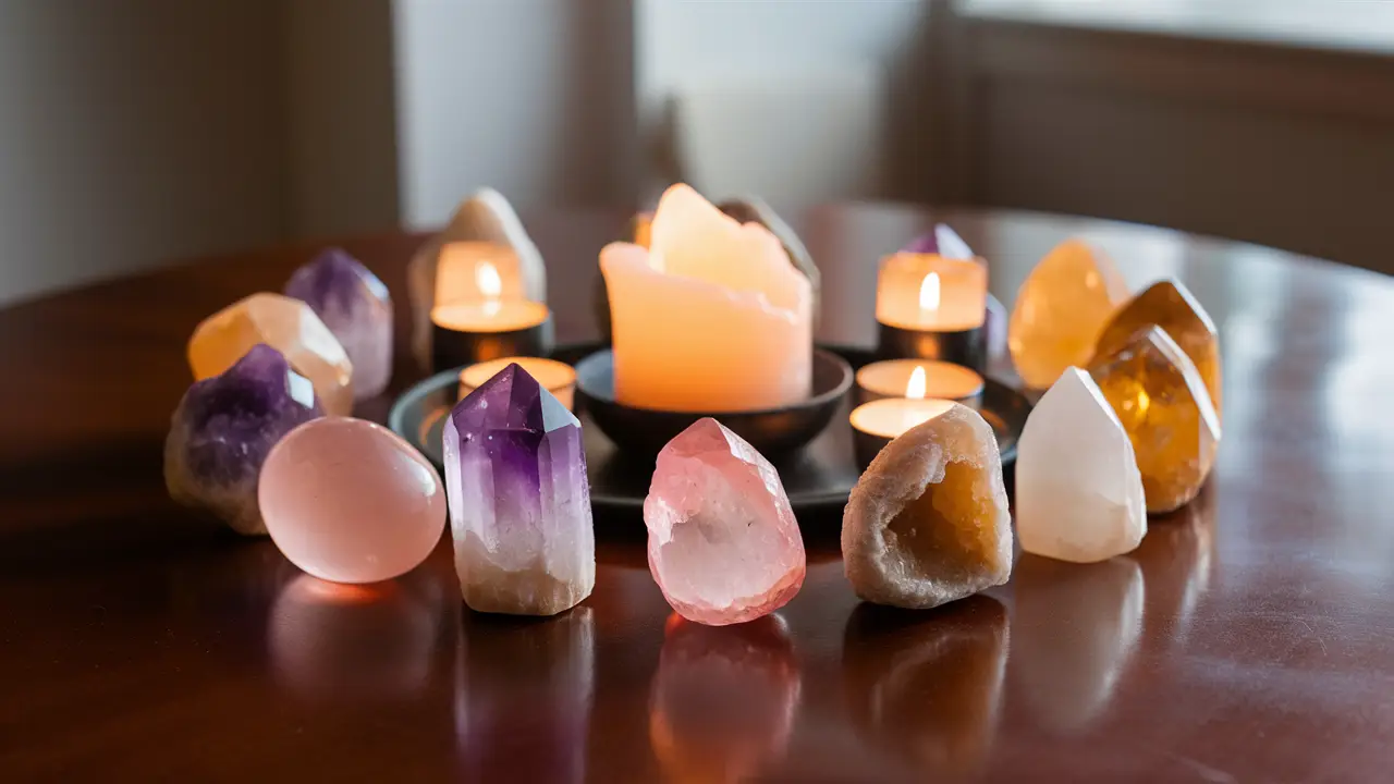 Vários cristais como ametista, quartzo rosa e citrino em um círculo sobre uma mesa de madeira polida com luz de velas.