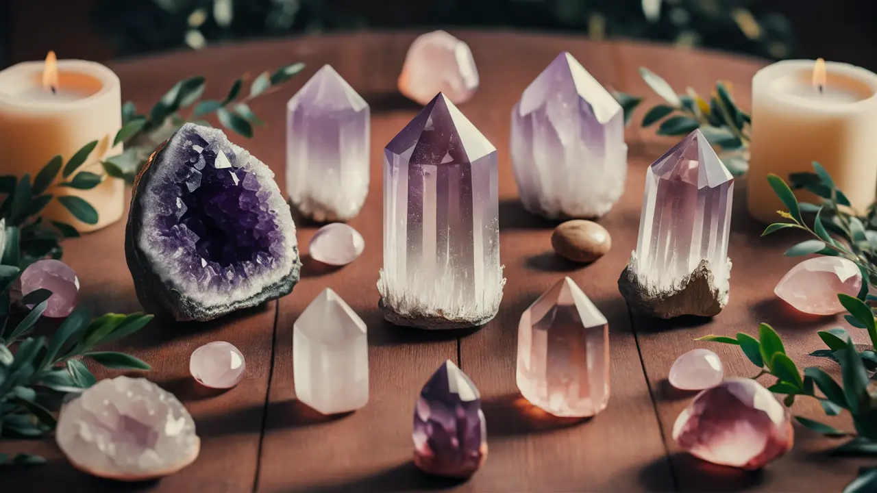 Cristais de ametista, quartzo e quartzo rosa sobre mesa de madeira com luz de velas suave e folhagem verde.