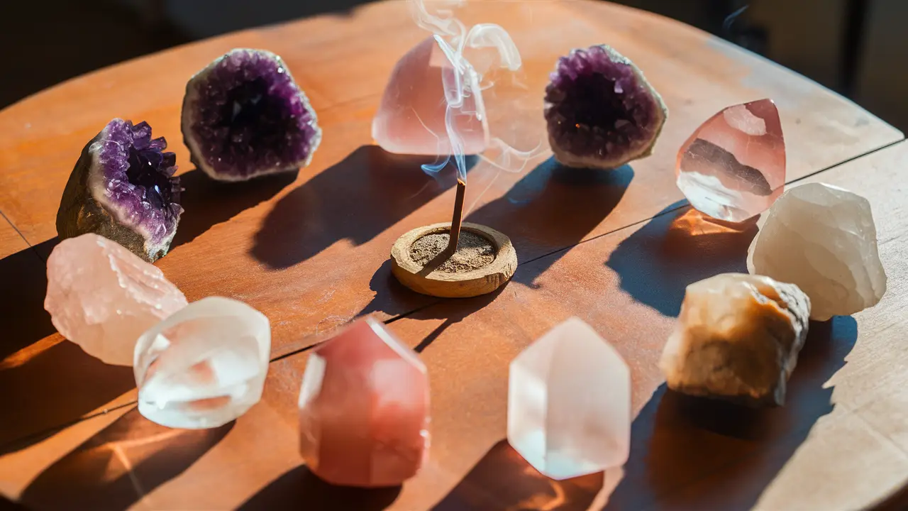 Vários cristais, incluindo ametista, quartzo rosa e quartzo transparente, em círculo sobre uma mesa de madeira.