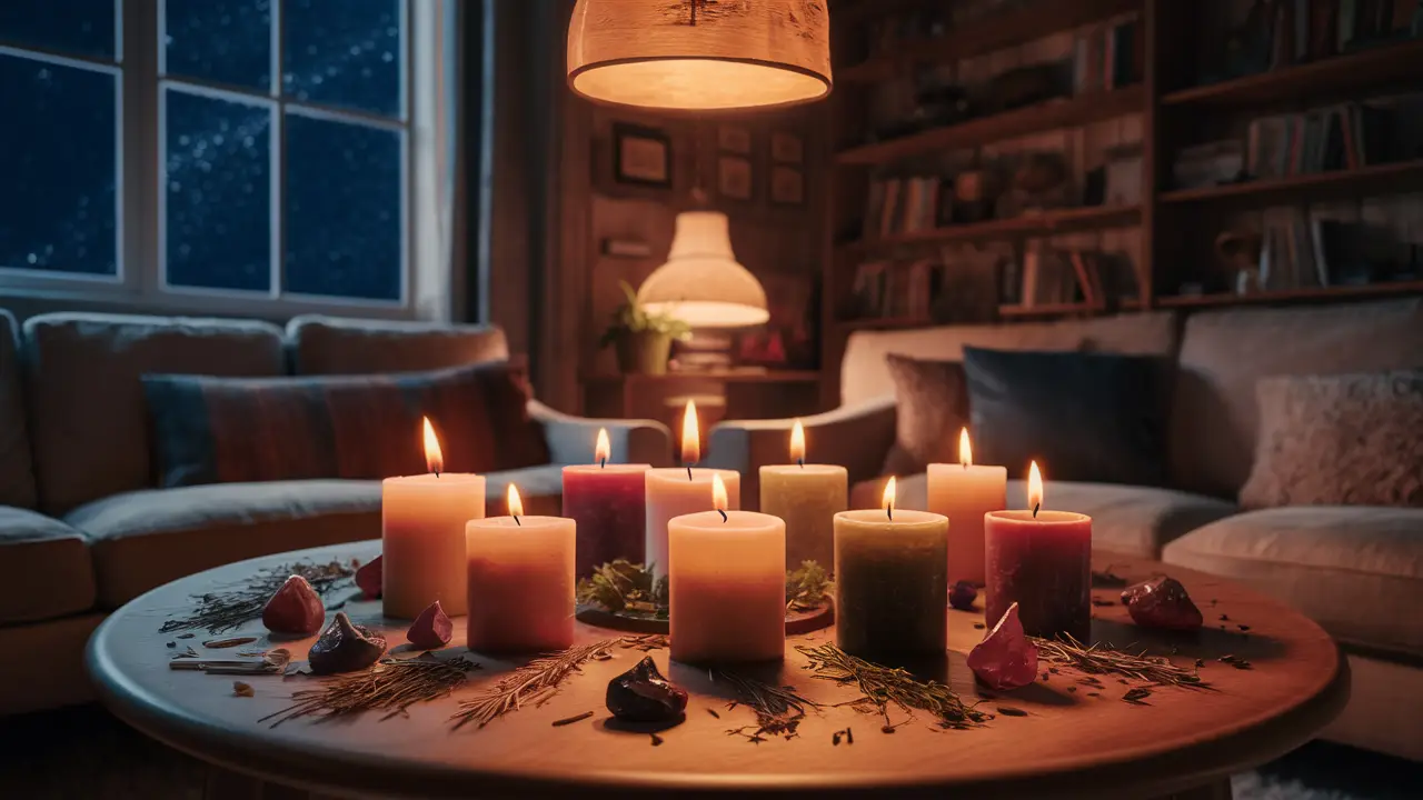 Velas coloridas acesas em mesa de madeira com ervas e cristais sob luz suave em sala de estar.