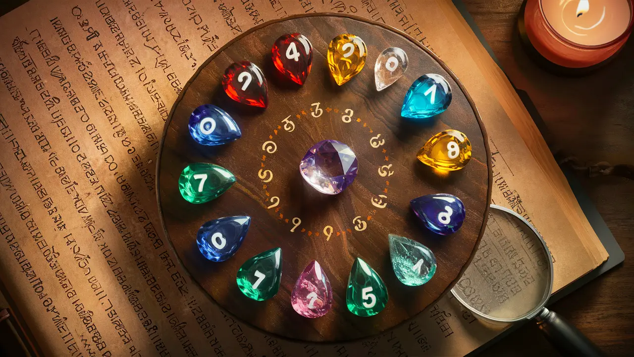 Mesa redonda com gemas coloridas numeradas e lupa ao lado, fundo com livro aberto e vela acesa.