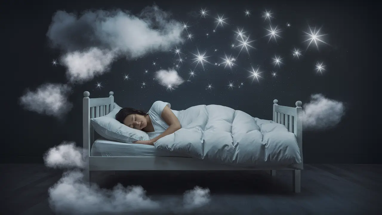 Pessoa dormindo em cama com lençóis brancos, cercada por nuvens e estrelas em um quarto escuro.