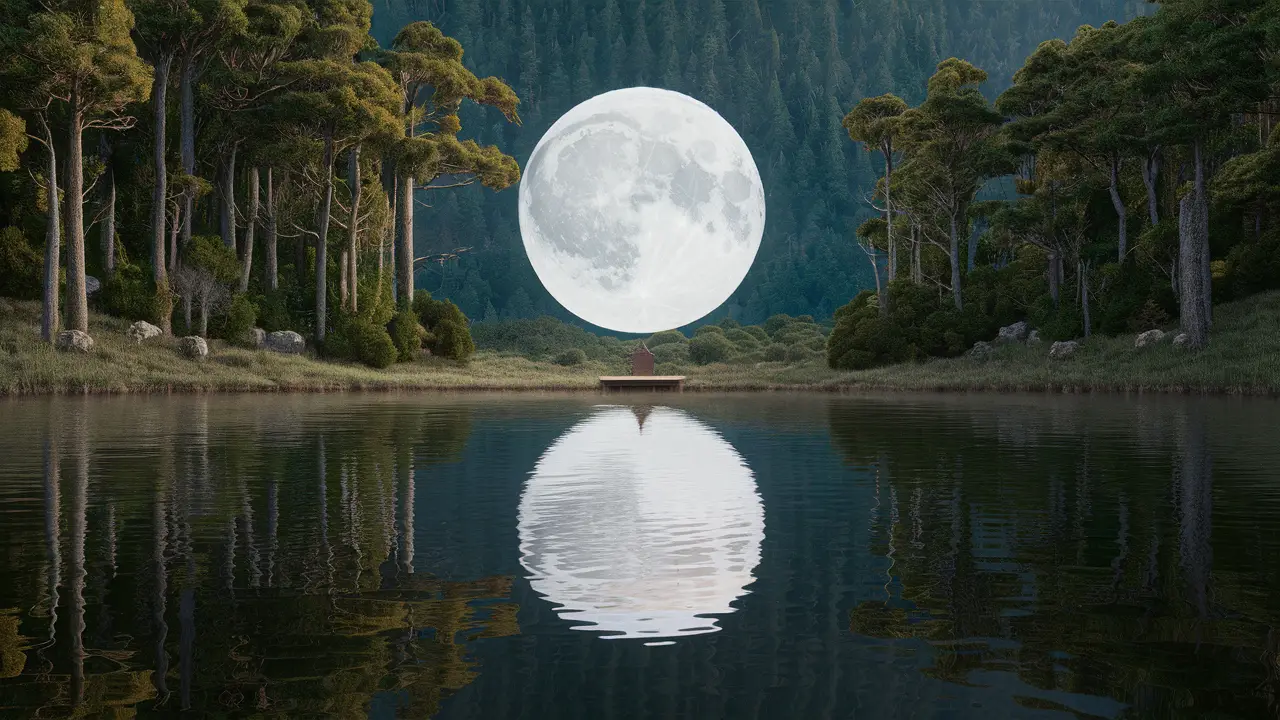 Plataforma de meditação de madeira à beira de um lago tranquilo com reflexo de lua cheia, cercada por floresta densa.