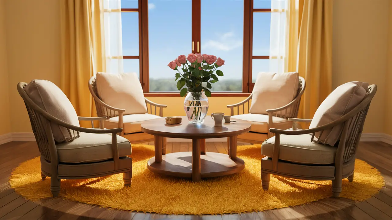 Sala de estar aconchegante com mesa redonda de madeira, cadeiras acolchoadas e vaso de rosas em frente à janela.